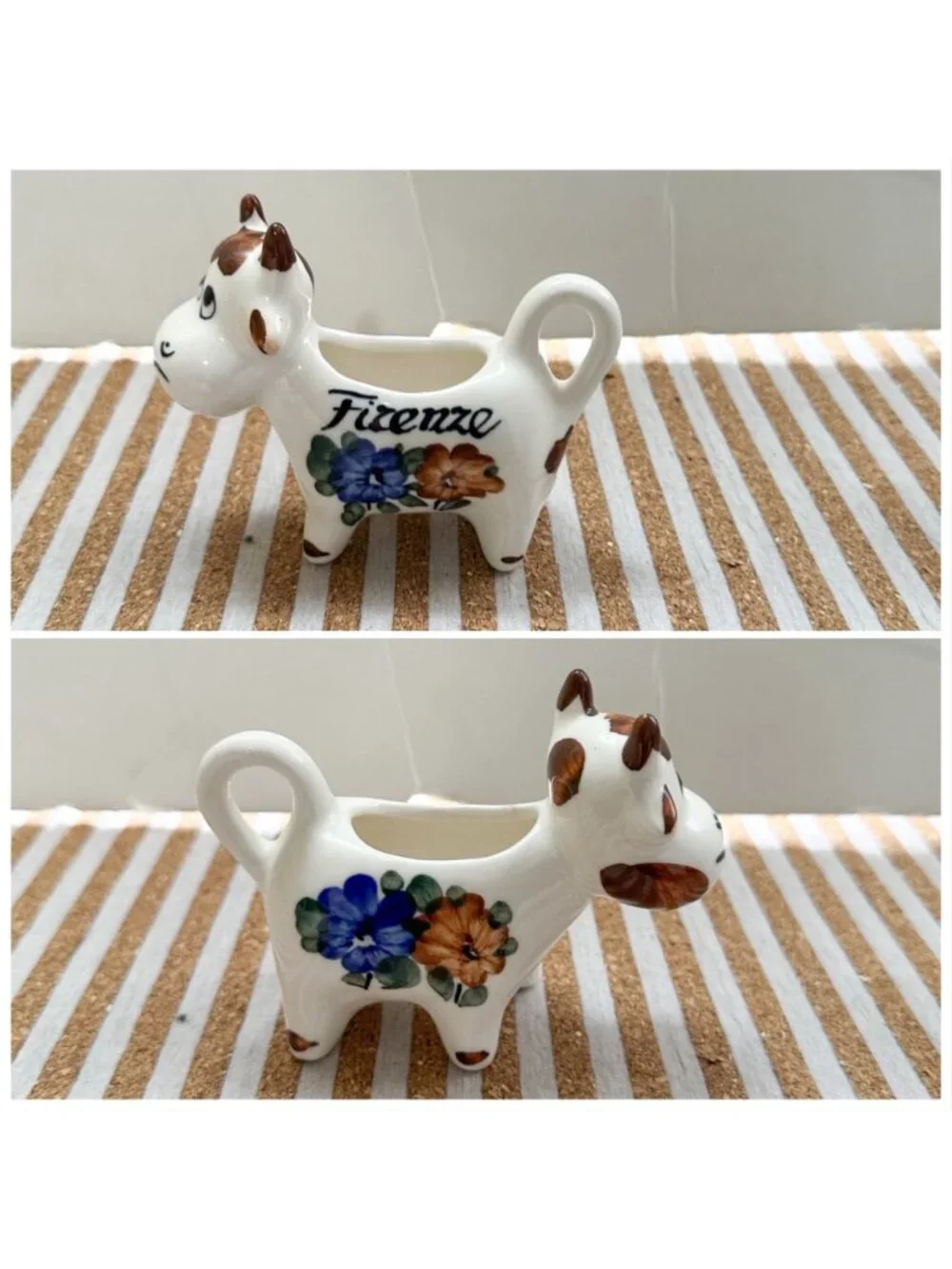 Vintage Italian Pottery Set Firenze Cow Creamer Salt Pepper Shakers Hand Painted